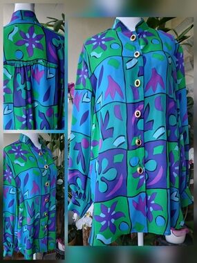 80s Vintage Blouse Tunic Vibrant Green Blue Size 12 & FREE GIFT